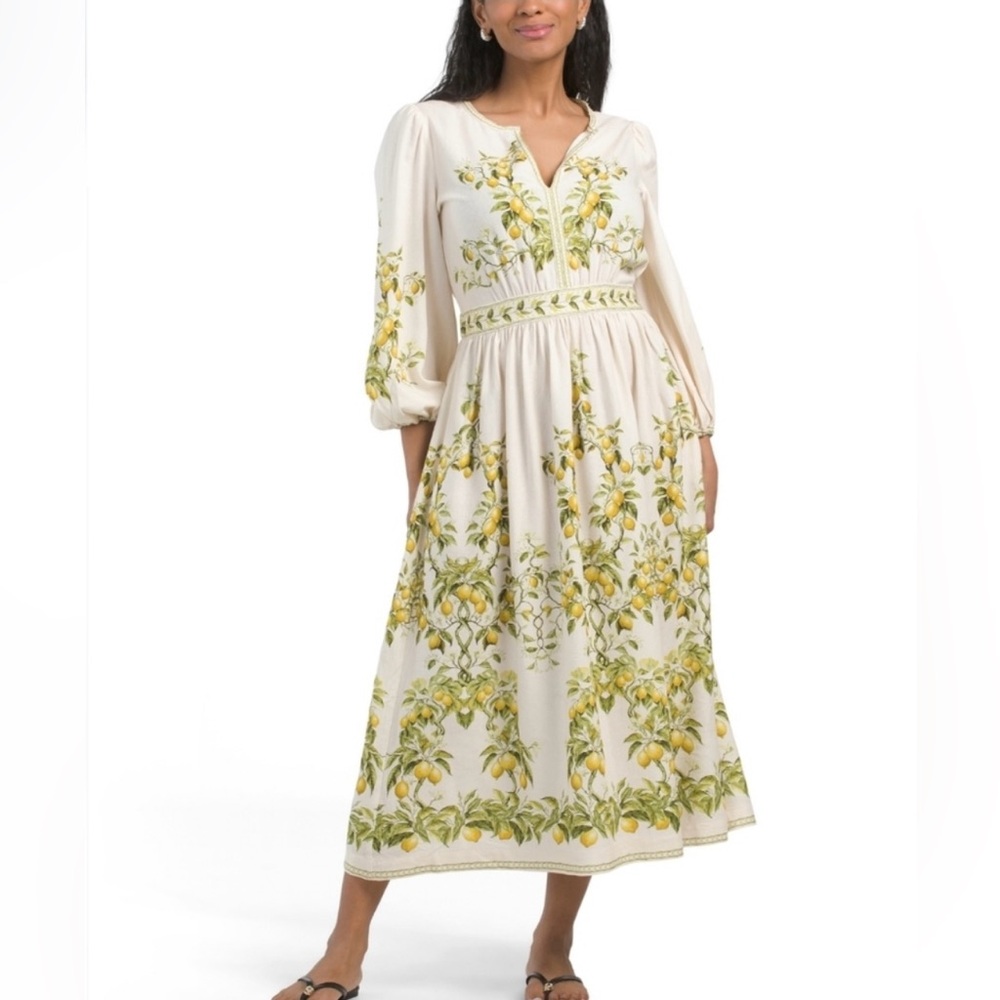 Max Studio Linen Blend 3/4 Sleeve V Neck Midi Dress NWT